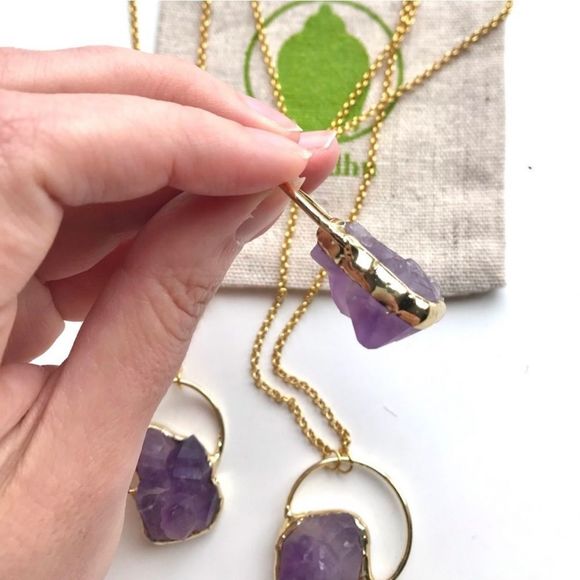 Frosted Matte Amethyst Stone Cluster Electroplated Pendent - 18 Karat Gold Chain - Picture 5 of 5